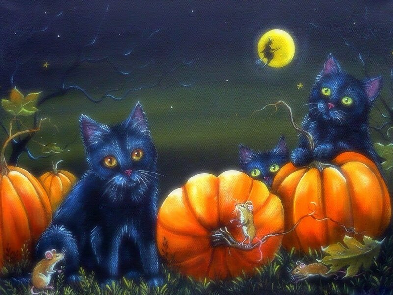Black Cats with Pumpkins — Orange, Creepy