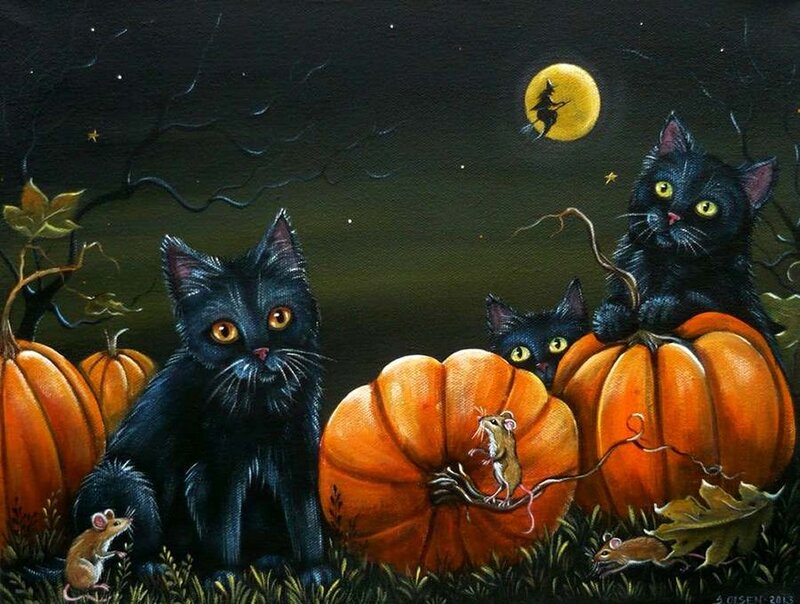 Black Cats with Pumpkins — Spooky