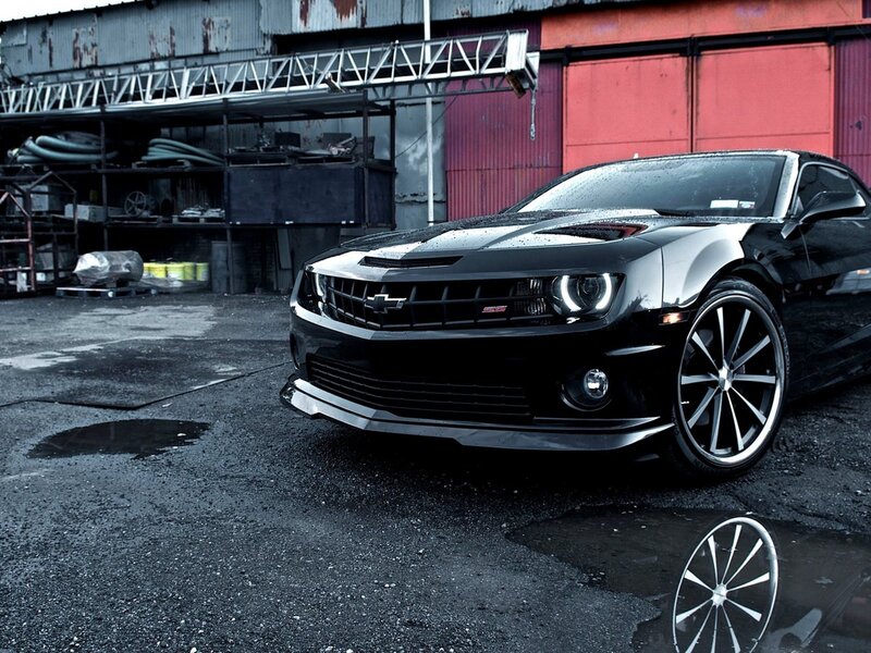 Black Chevrolet Camaro — Dramatic, Photograph, Car, Building, Puddle, Gray, Red
