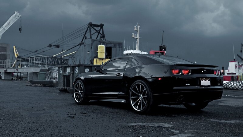 Black Chevrolet Camaro — Dramatic, Photograph, Crane