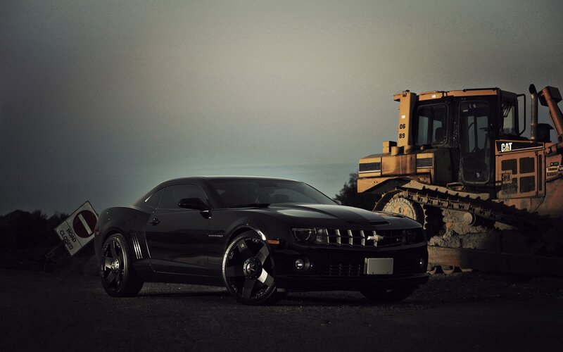 Black Chevrolet Camaro — Dramatic, Sunset, Photograph, Bulldozer