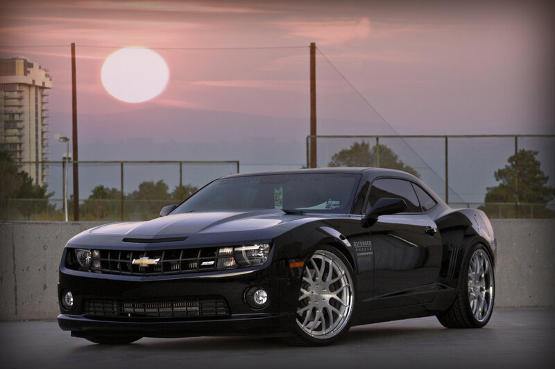 Black Chevrolet Camaro — Dramatic, Sunset, Photograph, Car, Building