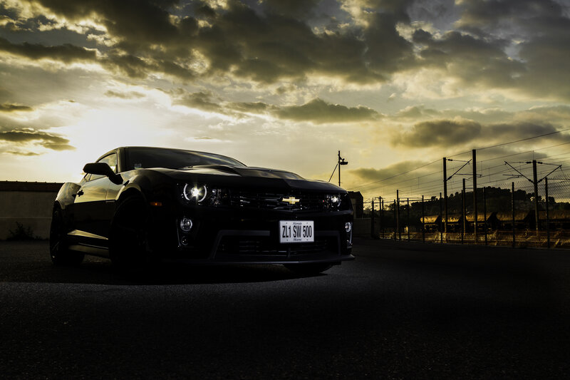 Black Chevrolet Camaro — Dramatic, Sunset, Photograph, Car, Sky