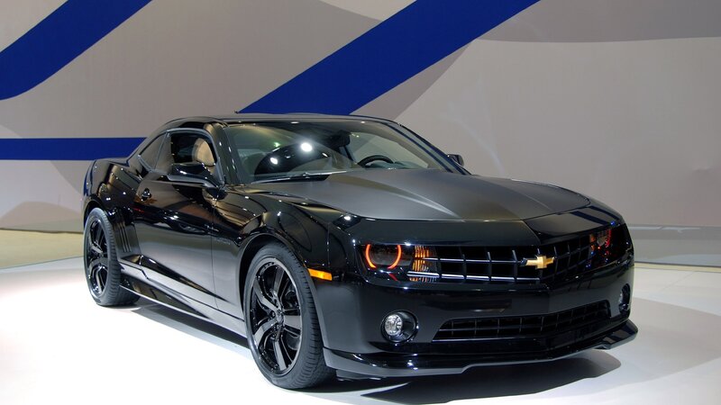 Black Chevrolet Camaro on display