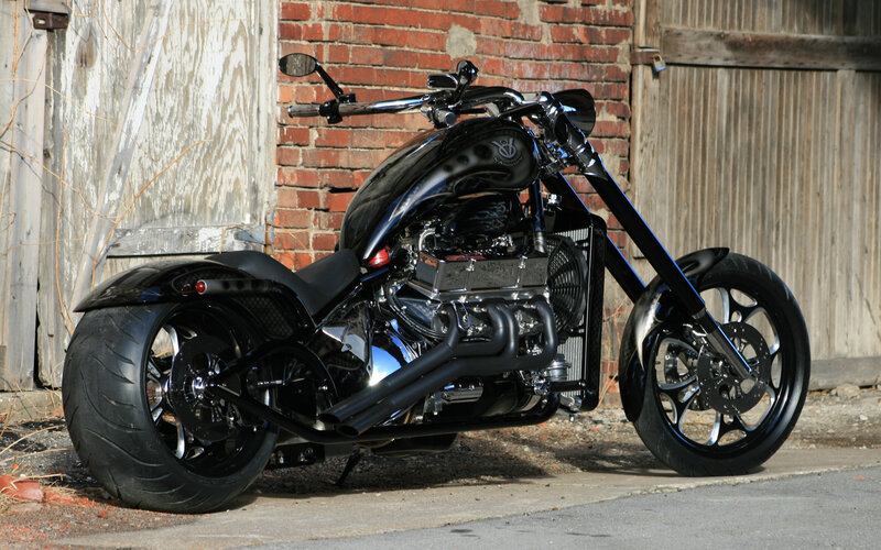 Black Chopper Motorcycle — Dramatic, Afternoon, Photograph, Brick Wall