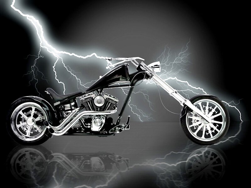 Black Chopper Motorcycle — Dramatic, Digital Art, Lightning, Reflection