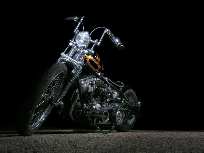 Black Chopper Motorcycle — Dramatic, Night, Photograph