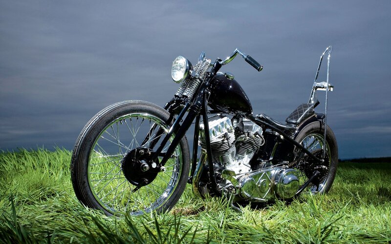 Black Chopper Motorcycle — Green, Dramatic, Sunset