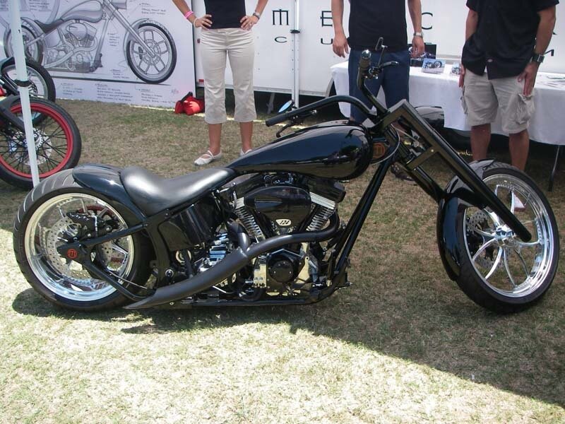 Black chopper motorcycle on display