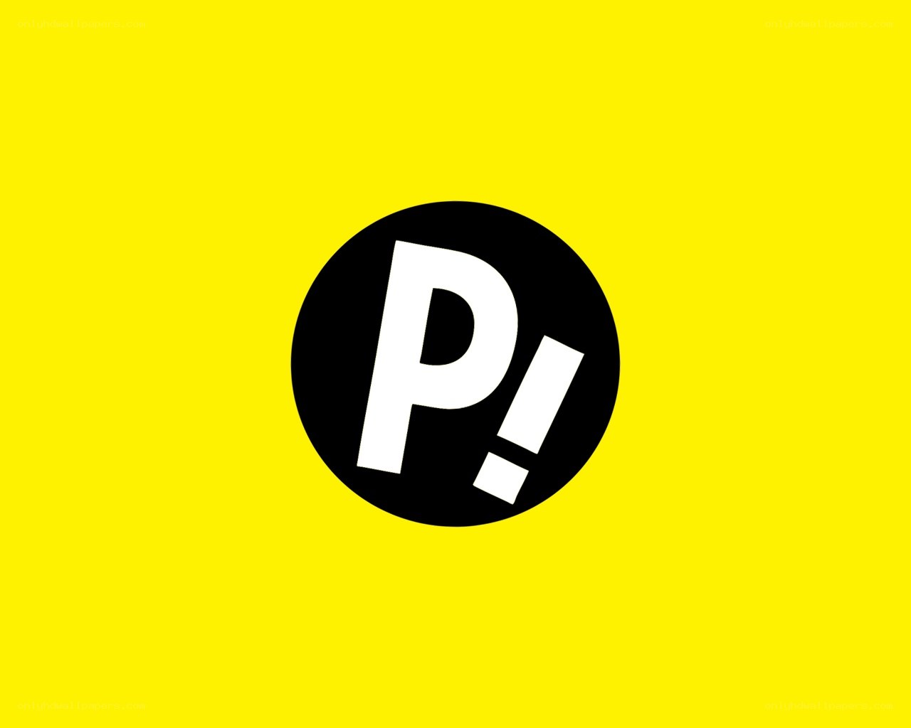 black circle with white P! on yellow