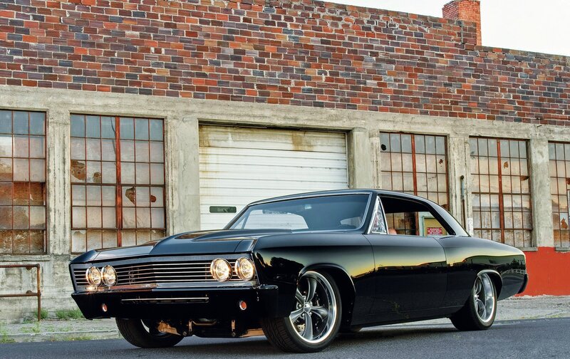 Black Classic Car — Dramatic, Afternoon, Photograph, Brick Building