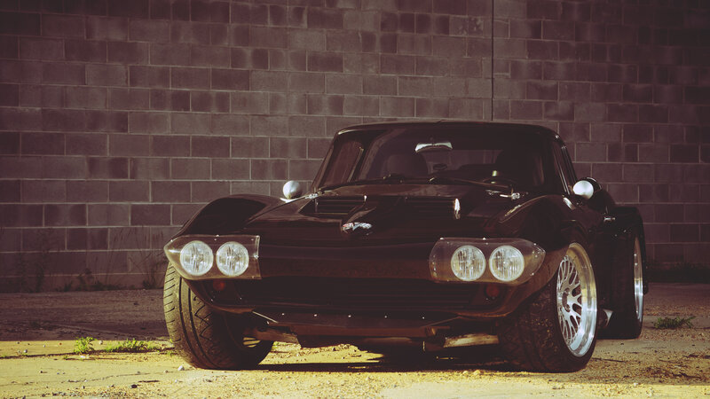 Black Classic Car — Dramatic, Afternoon, Photograph, Brick Wall