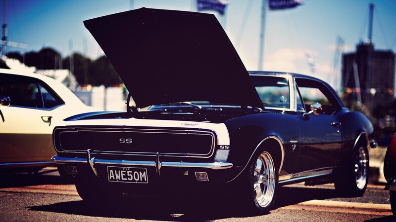 Black Classic Car — Dramatic, Afternoon, Photograph, Hood Open, License Plate