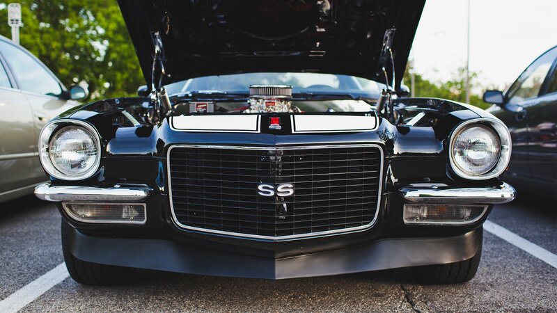 Black Classic Car — Dramatic, Afternoon, Photograph, Open Hood