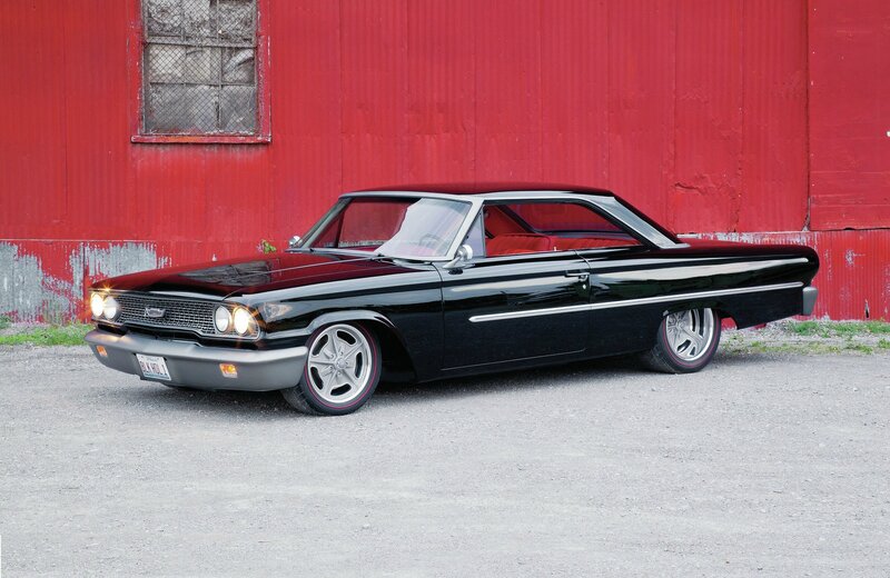 Black Classic Car — Dramatic, Afternoon, Photograph, Red Building