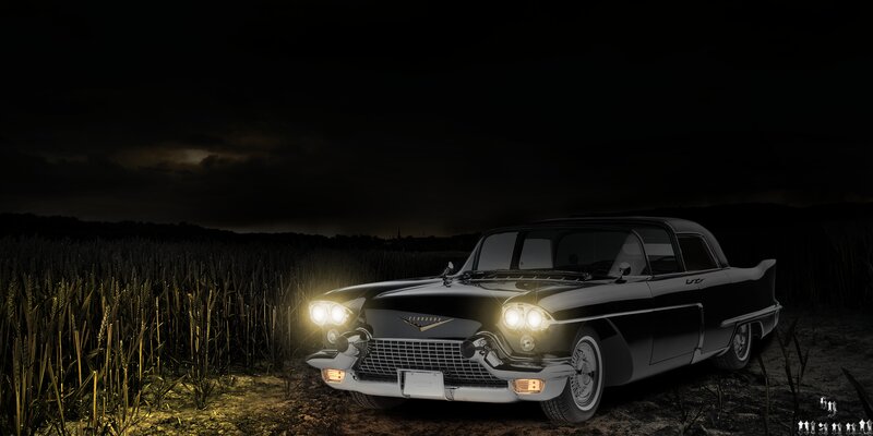Black Classic Car — Dramatic, Night, Digital Art, Cornfield