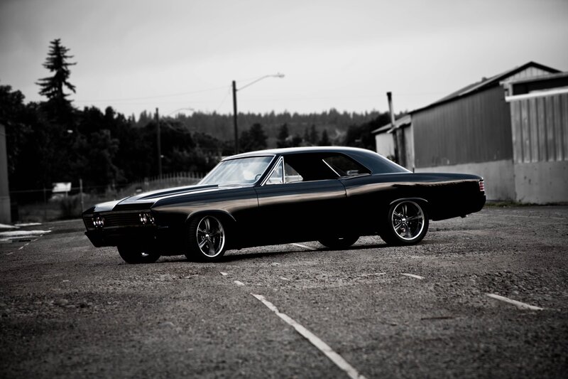 Black Classic Car — Dramatic, Photograph, Building, Trees