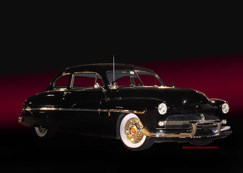 Black Classic Car — Dramatic, Photograph, Chrome Grille, White-walled Tires