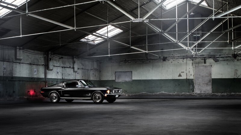 Black Classic Car — Dramatic, Photograph, Warehouse, Skylight