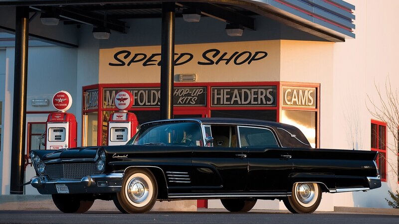 Black Classic Car — Dramatic, Sunset, Photograph, Gas Pumps