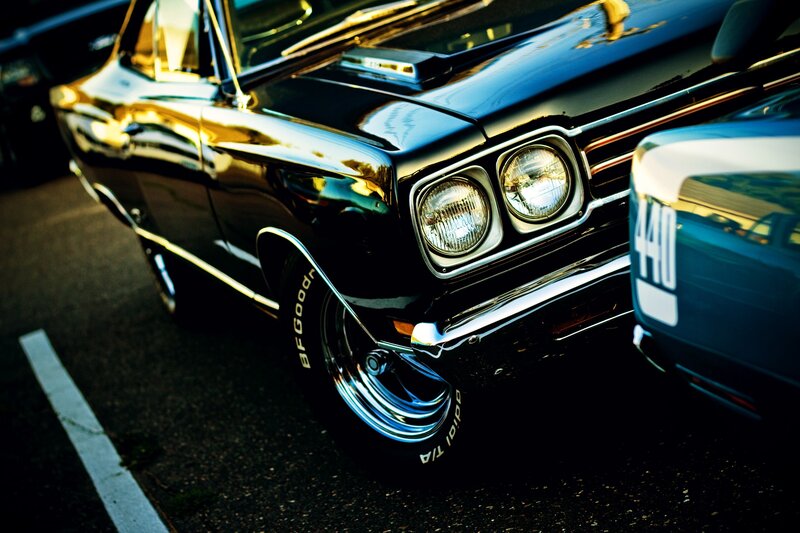 Black Classic Car — Dramatic, Sunset, Photograph, Headlight