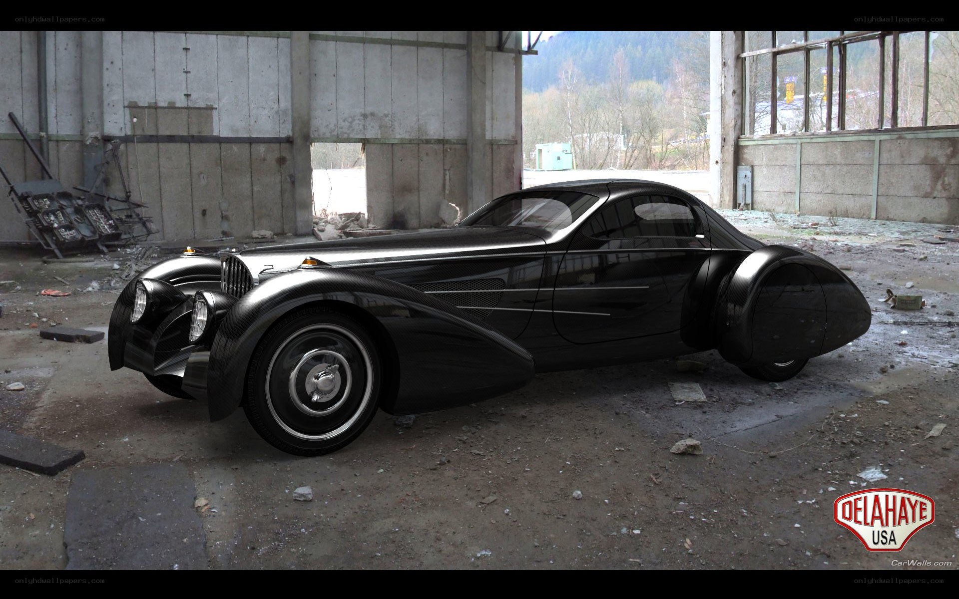 Black classic car in abandoned building