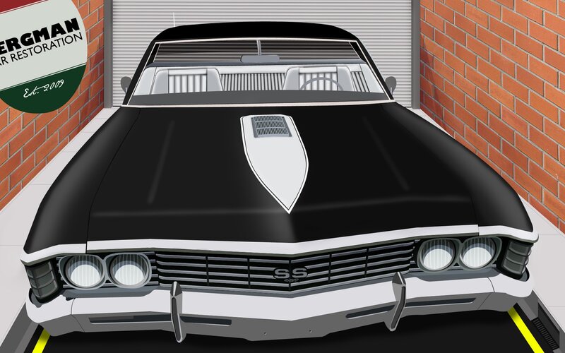 black classic car in garage