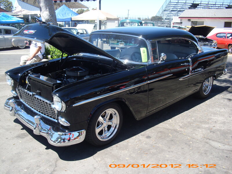 Black Classic Car — Outdoor, Afternoon, Photograph, Car Show, Open Hood, People
