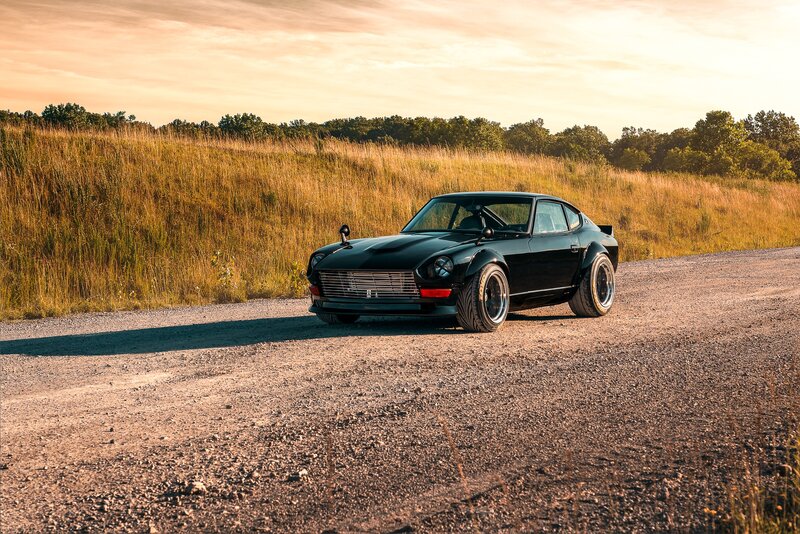 Black Classic Car — Serene, Sunset, Photograph, Gravel Road