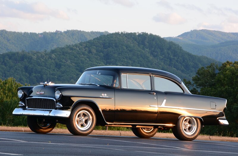 Black Classic Car — Serene, Sunset, Photograph, Mountains, Trees