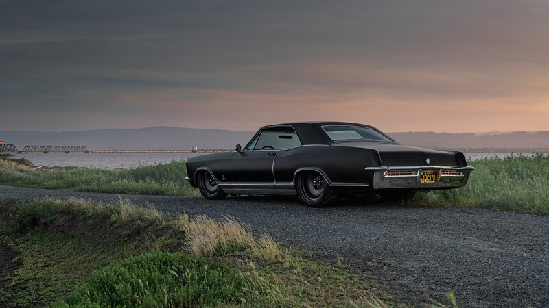 Black Classic Car — Serene, Sunset, Photograph, Road, River