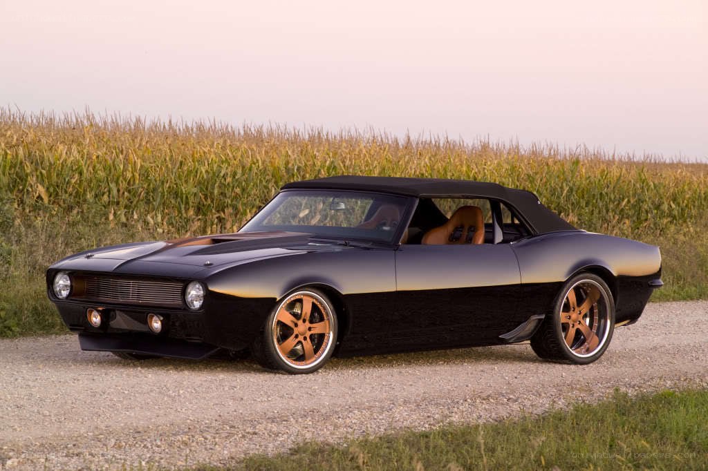 Black classic convertible in cornfield