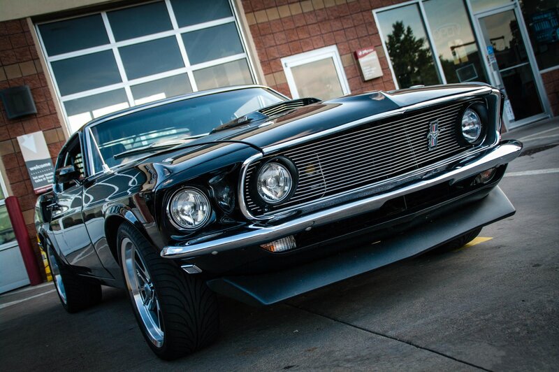 Black Classic Muscle Car — Dramatic, Afternoon, Photograph, Building