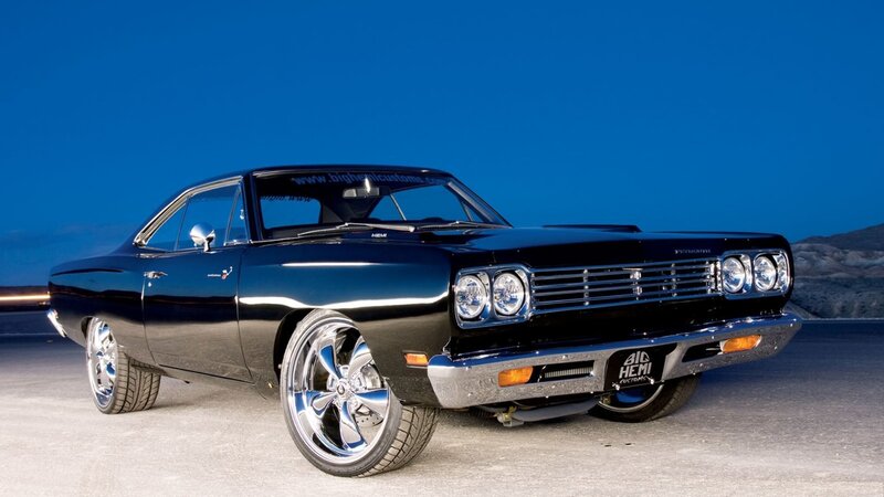 Black Classic Muscle Car — Dramatic, Sunset