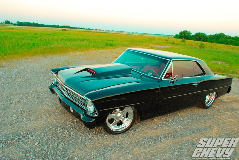 Black classic muscle car in field