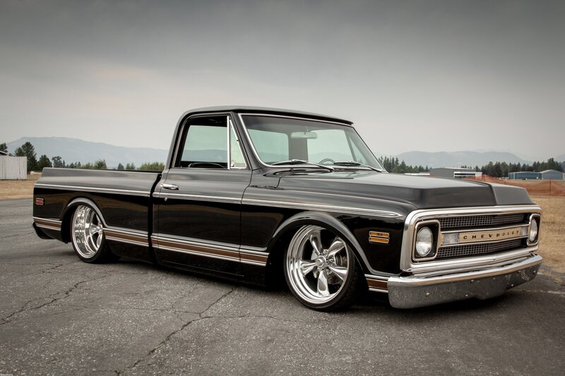 Black Classic Pickup Truck — Dramatic, Photograph, Mountains, Pavement