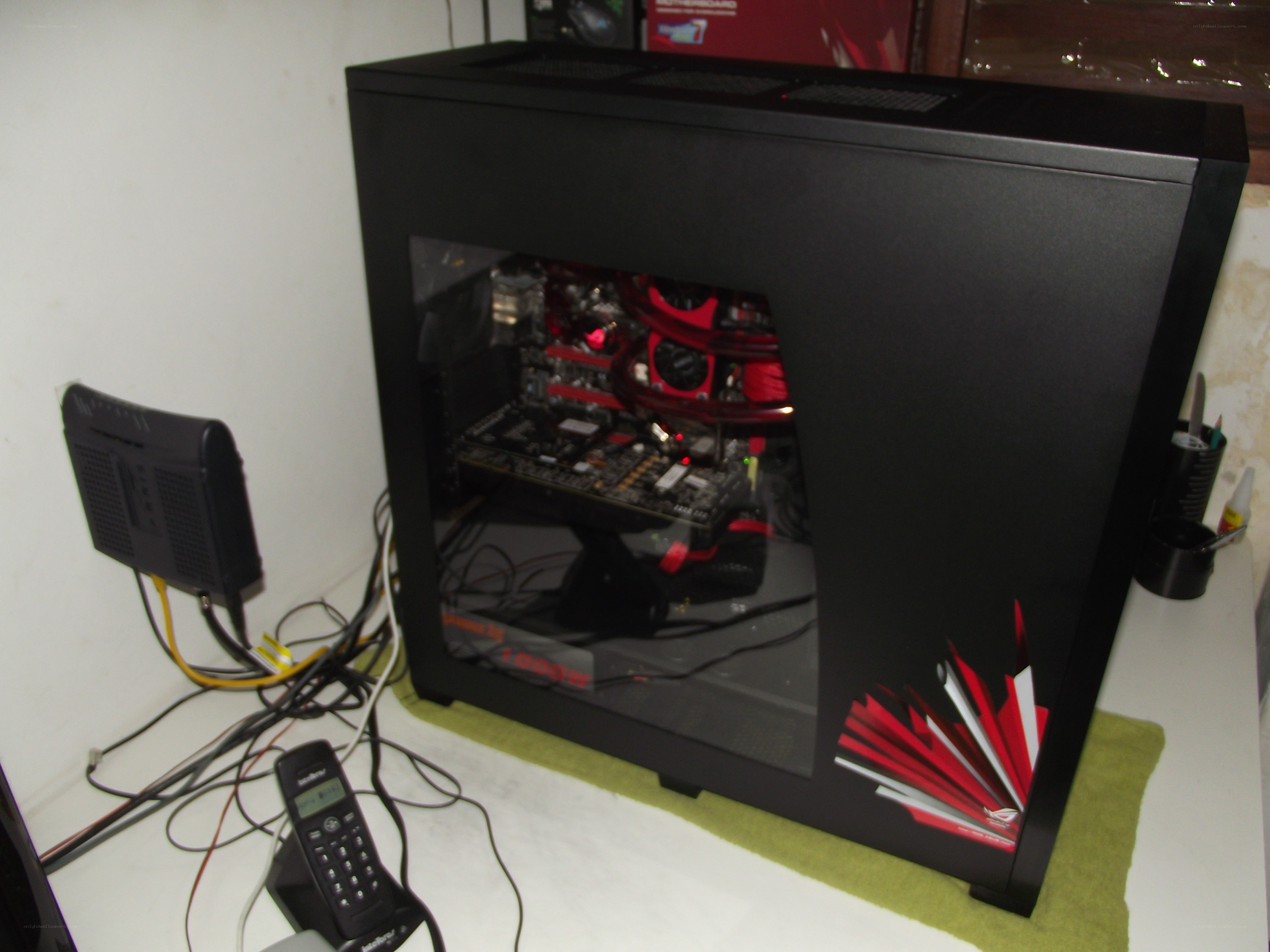 black computer case with red components