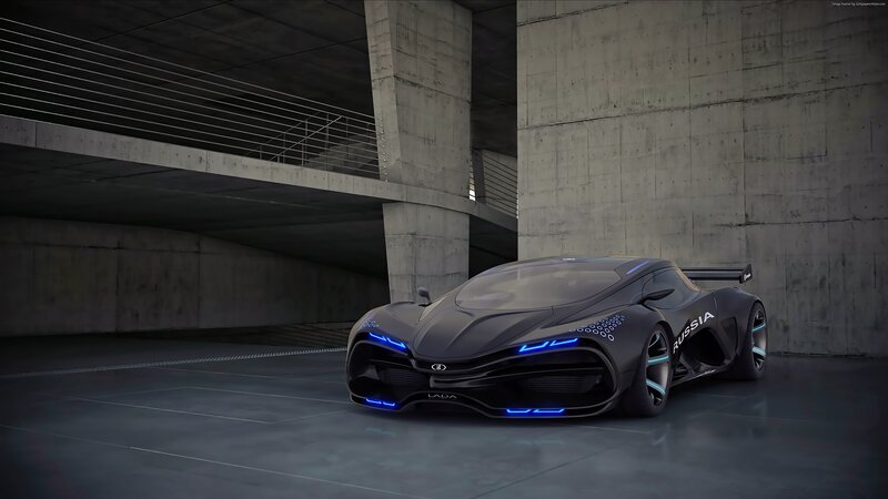 Black Concept Car — Dramatic, 3d Render, Concrete Structure, Blue Lights