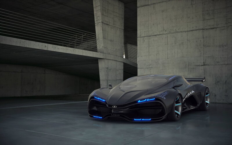 Black Concept Car — Dramatic, 3d Render, Concrete Structure