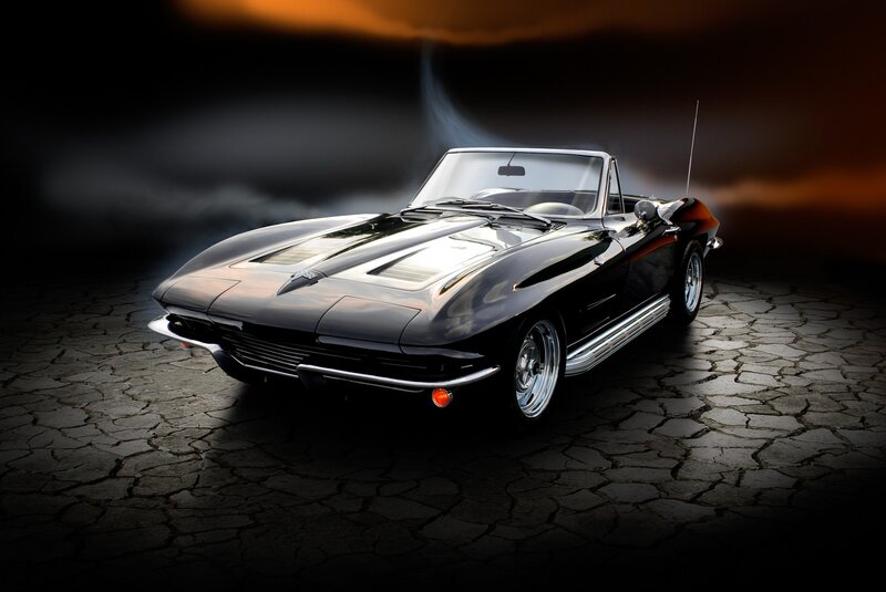Black Convertible Car — Dramatic, Night, Photograph, Cobblestone