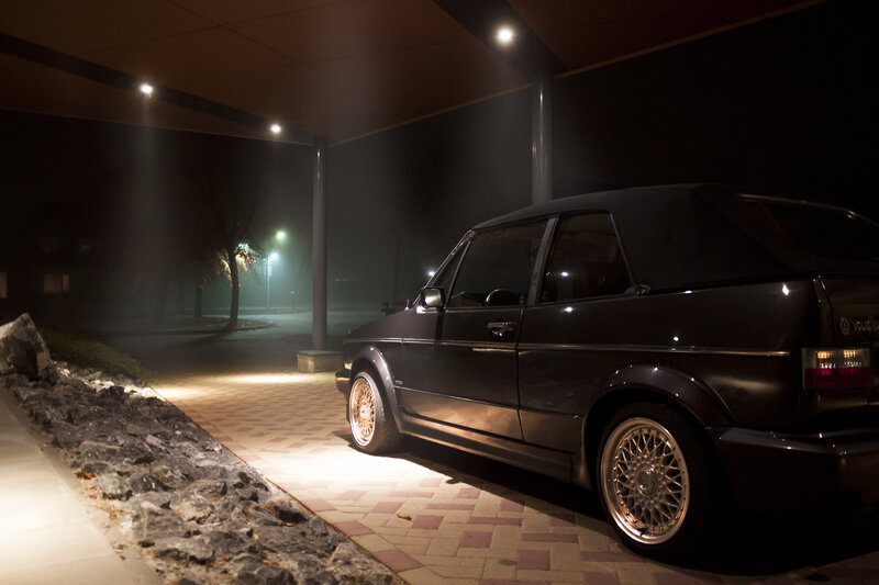 Black Convertible Car — Dramatic, Night, Photograph, Paved Walkway