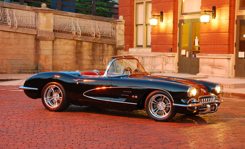 Black Convertible Car — Dramatic, Sunset, Photograph, Brick Pavement