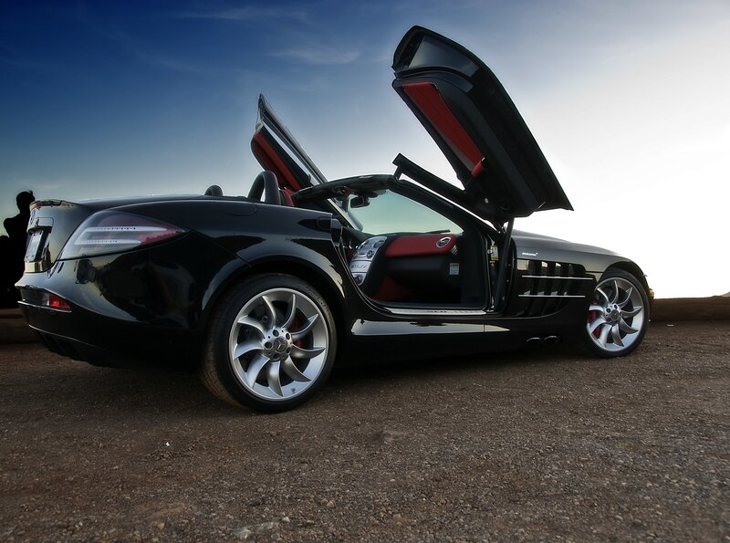 Black Convertible Sports Car — Dramatic, Sunset, Photograph, Open Doors