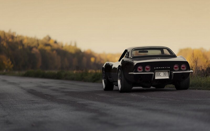 Black Corvette Car — Serene, Sunset, Photograph, Road, Trees
