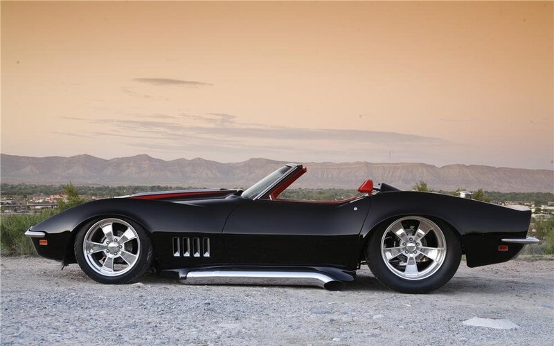 Black Corvette convertible at sunset