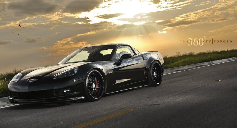 Black Corvette on Road — Dramatic, Sunset, Photograph, Car, Sky, Birds, Yellow