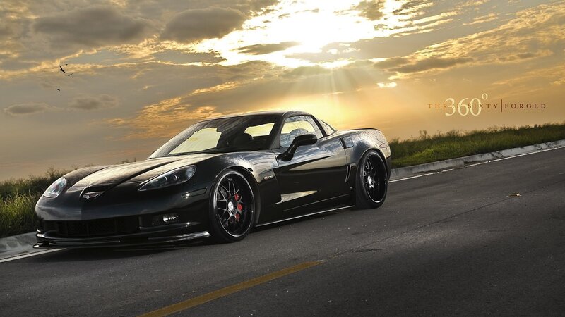 Black Corvette on Road — Dramatic, Sunset, Photograph, Car