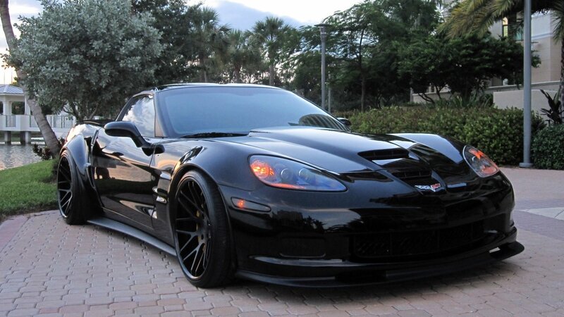 Black Corvette Sports Car — Calm, Sunset, Photograph