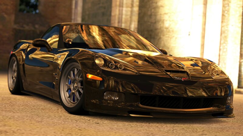 Black Corvette Sports Car — Dramatic, Sunset, 3d Render, Building