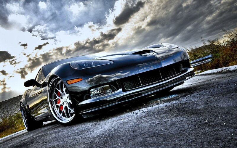 Black Corvette Sports Car — Dramatic, Sunset, Photograph, Road, Clouds